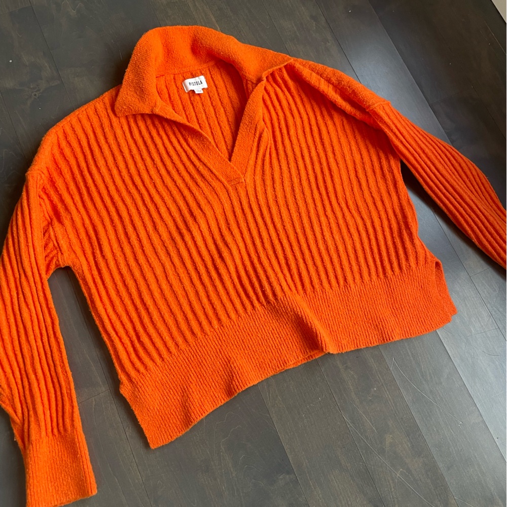 Pistola Women’s Collared V-Neck Orange Sweater Size Large - Picture 3 of 10
